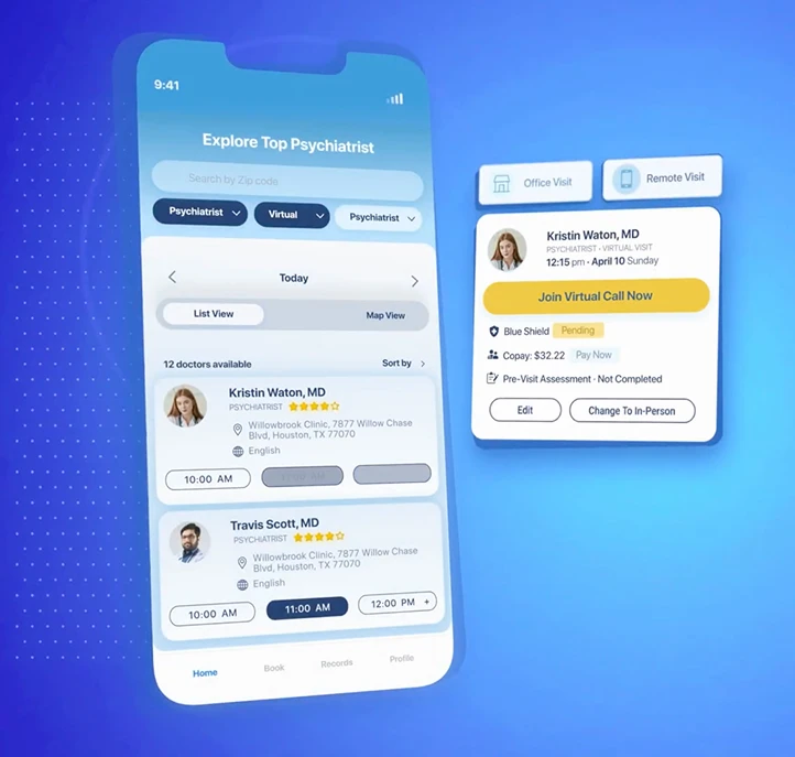 PsychPlus app provider selection with virtual and in-person visit options