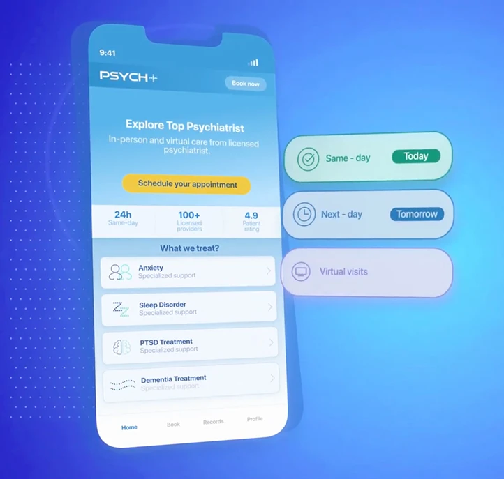 PsychPlus app showing same-day and next-day psychiatrist scheduling